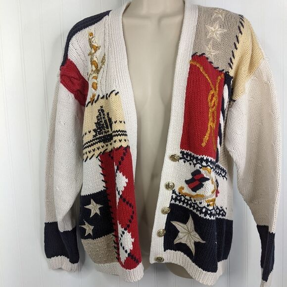 VINTAGE Nautical Y2K Cardigan Sweater Sz L - Picture 9 of 15